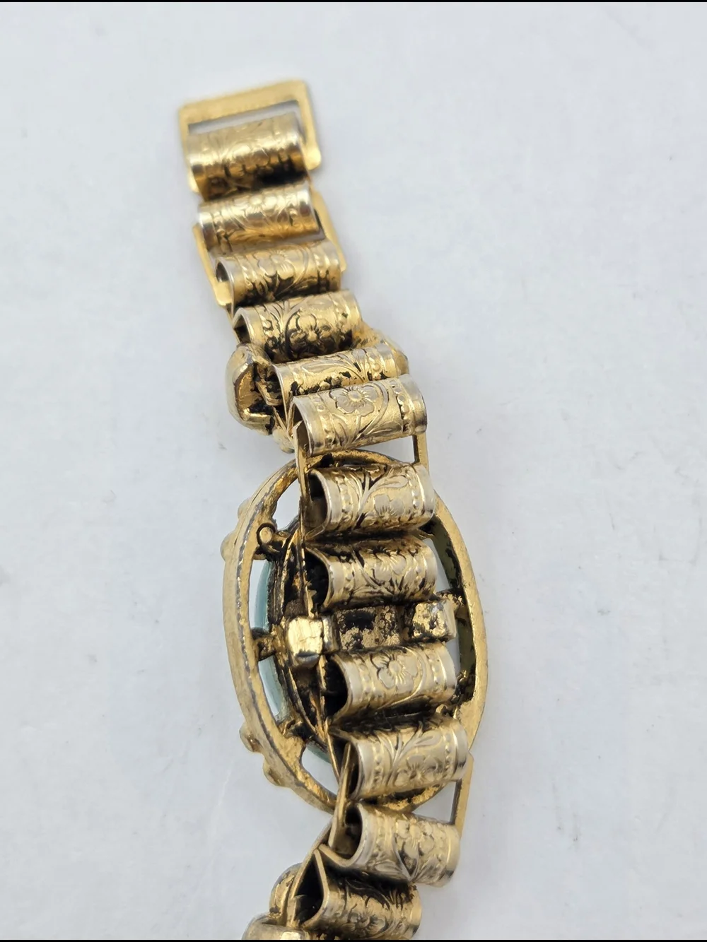 Vintage Gold Tone Faux Turquoise Pearl Panel Bracelet Filigree Etched 7 Inches